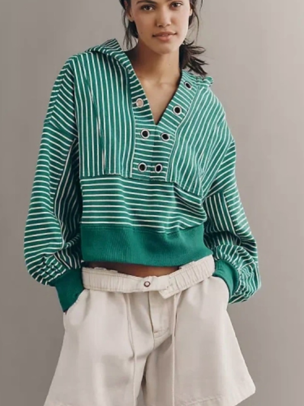 Women’s Green Striped Hooded Pullover Sweatshirt